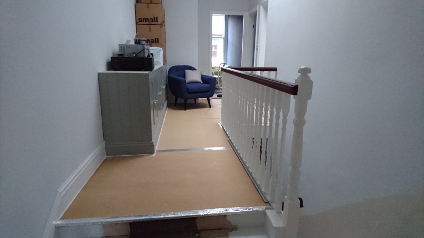 draft proofing, hallway, landing, preparing for carpet